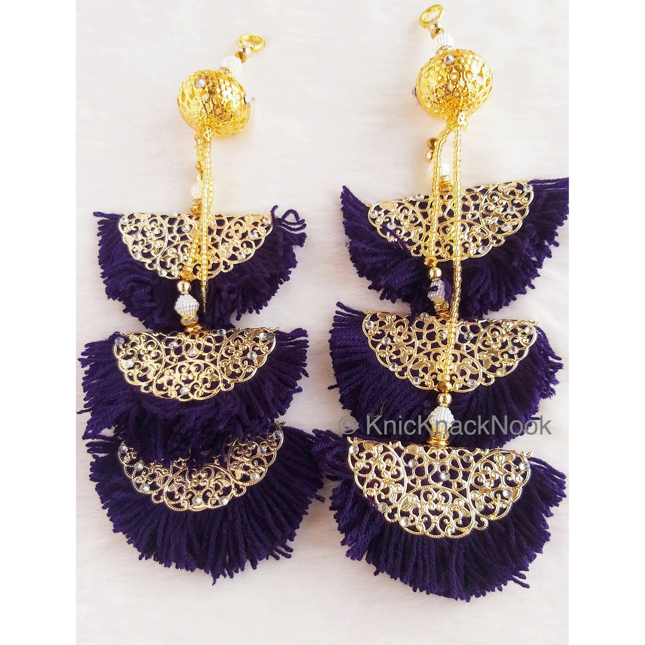 Blue / Pink Fan Tassels With Silver and Gold Filigree Embellishments, Wool Tassels, Embellishments