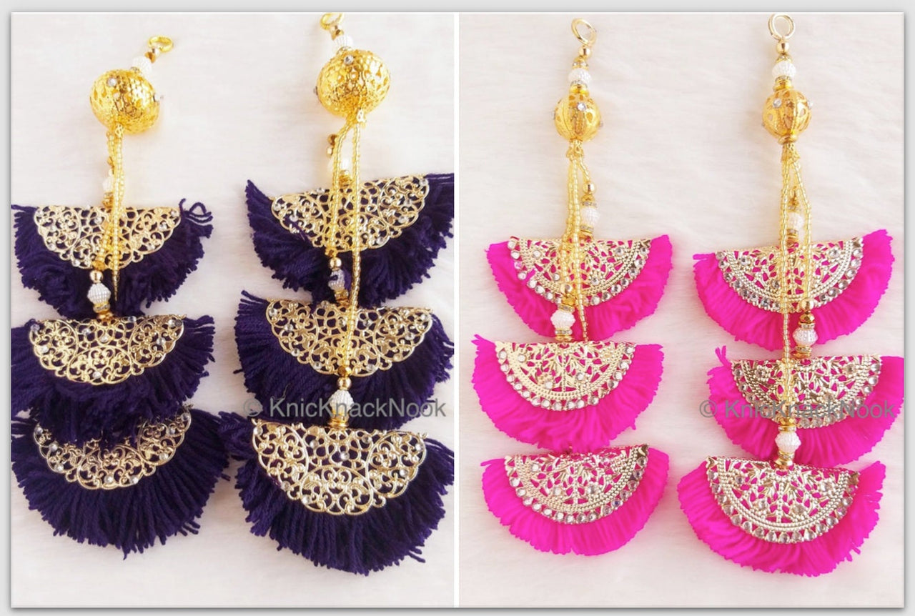 Blue / Pink Fan Tassels With Silver and Gold Filigree Embellishments, Wool Tassels, Embellishments