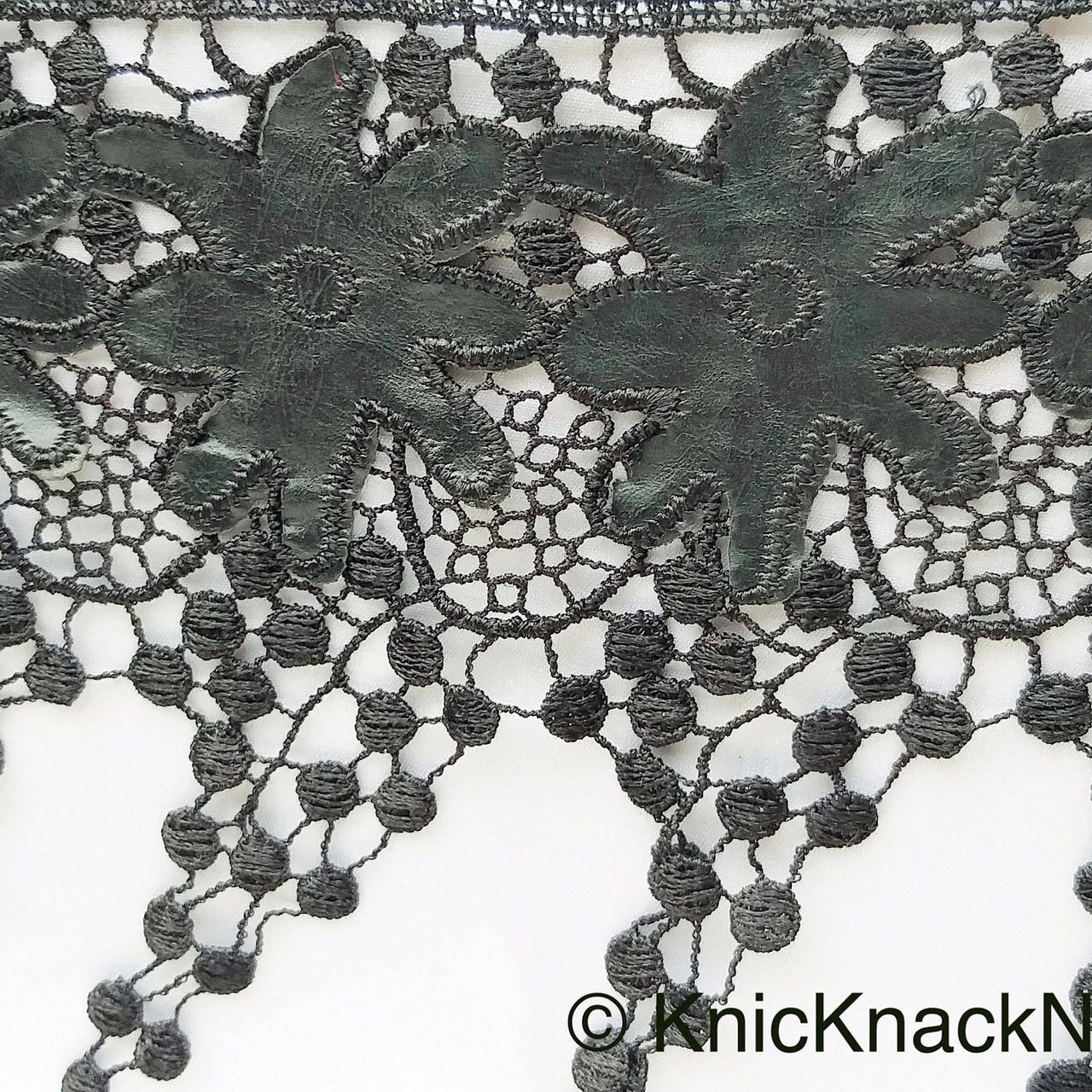 Black Faux Leather Flower And Cotton Embroidered Trim Lace, Black Floral Embroidery, Fringe Trim