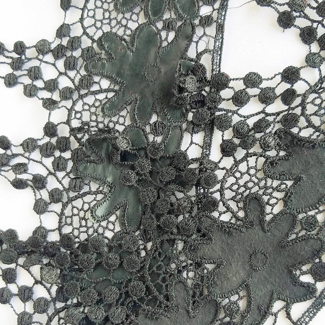 Black Faux Leather Flower And Cotton Embroidered Trim Lace, Black Floral Embroidery, Fringe Trim