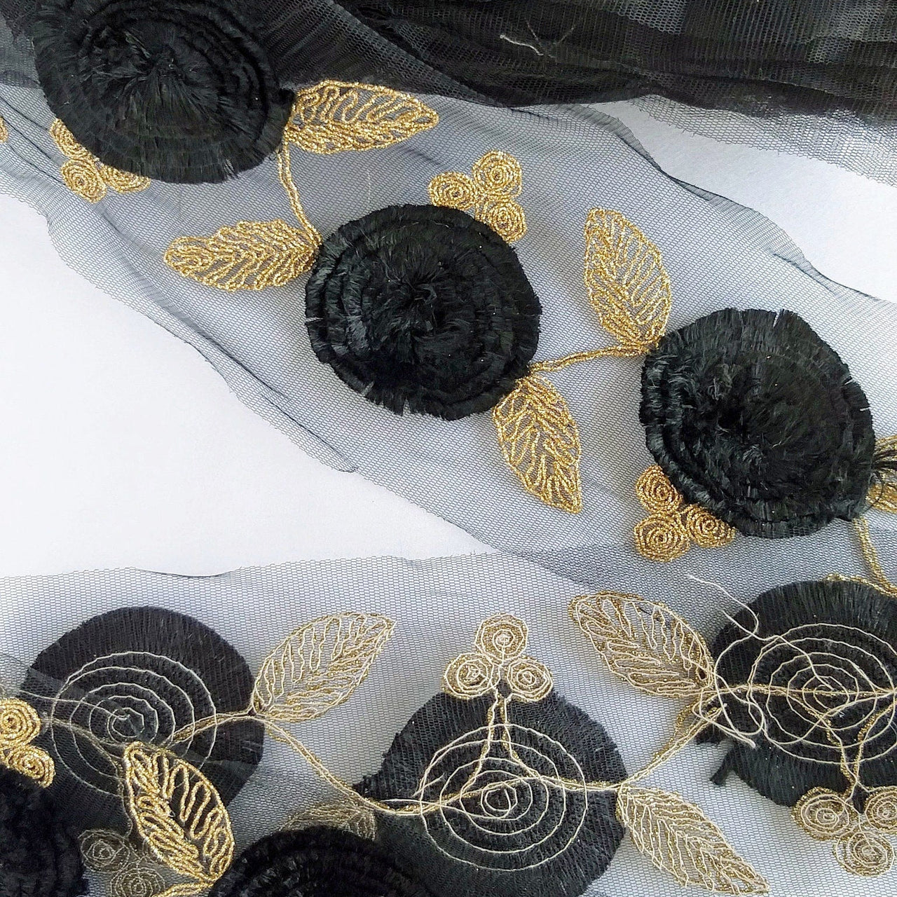 Black Net Lace Trim With Black Thread Flowers and Gold Leaves Embroidery, Approx. 95mm wide