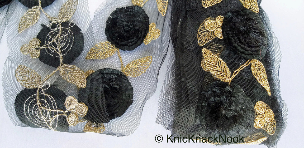 Black Net Lace Trim With Black Thread Flowers and Gold Leaves Embroidery, Approx. 95mm wide