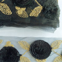 Thumbnail for Black Net Lace Trim With Black Thread Flowers and Gold Leaves Embroidery, Approx. 95mm wide