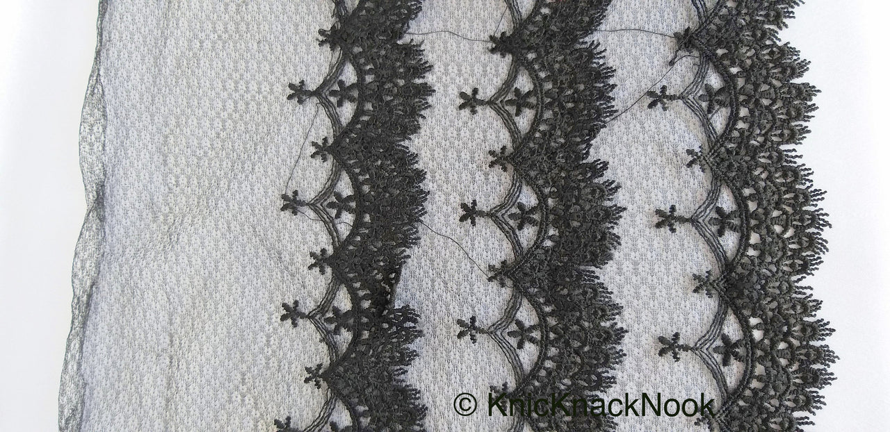 Black Net Lace Trim With Embroidered Flowers 12 inches wide, One Yard Lace Trims