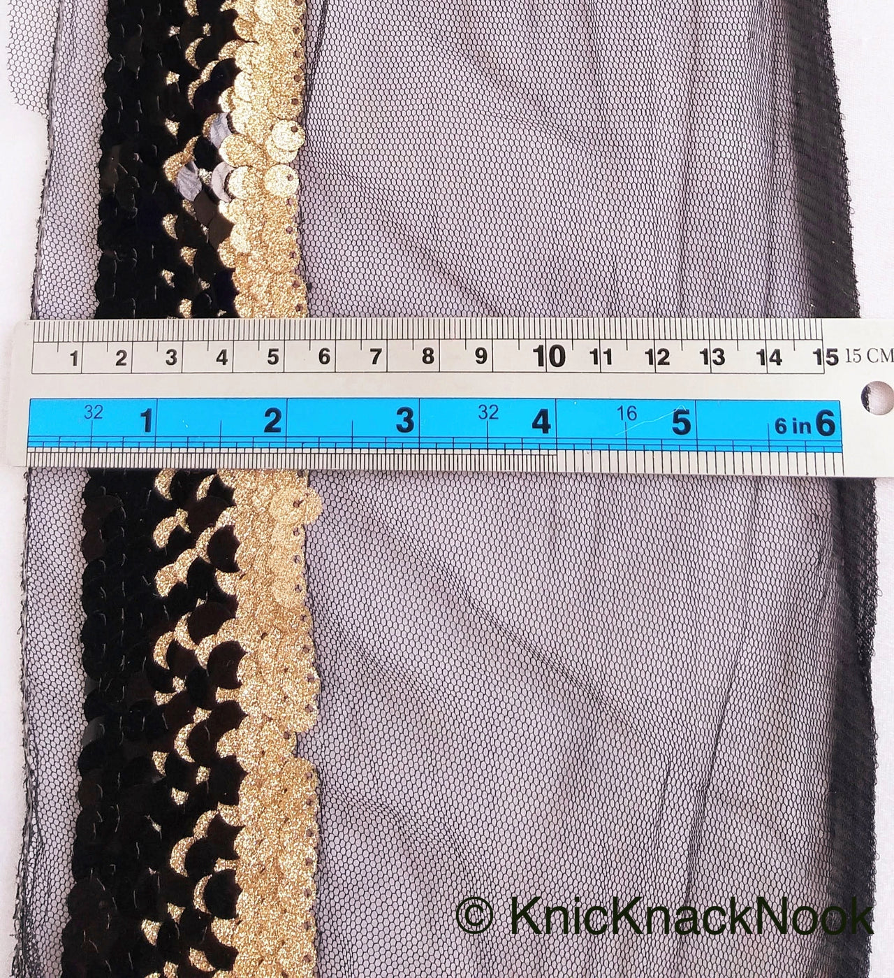 Black Net Lace With Glossy Black And Glitter Gold Sequins, Black Trim, Approx. 16cm wide