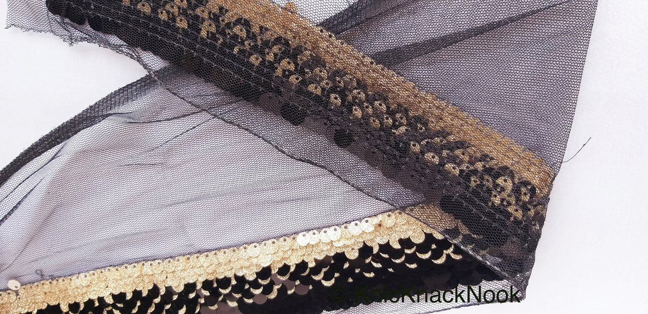 Black Net Lace With Glossy Black And Glitter Gold Sequins, Black Trim, Approx. 16cm wide