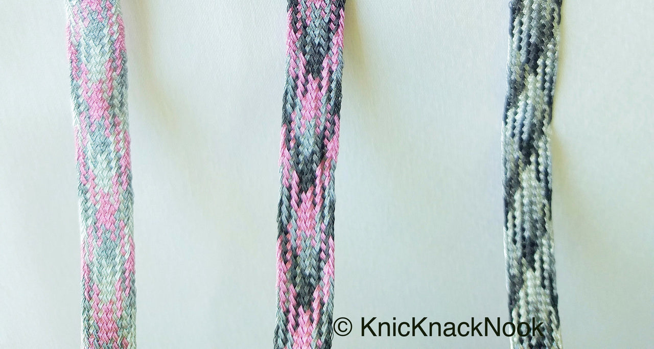 Pink / Silver / Light Pink And Grey Thread Lace Trim, Basket Weave, Friendship Bracelet