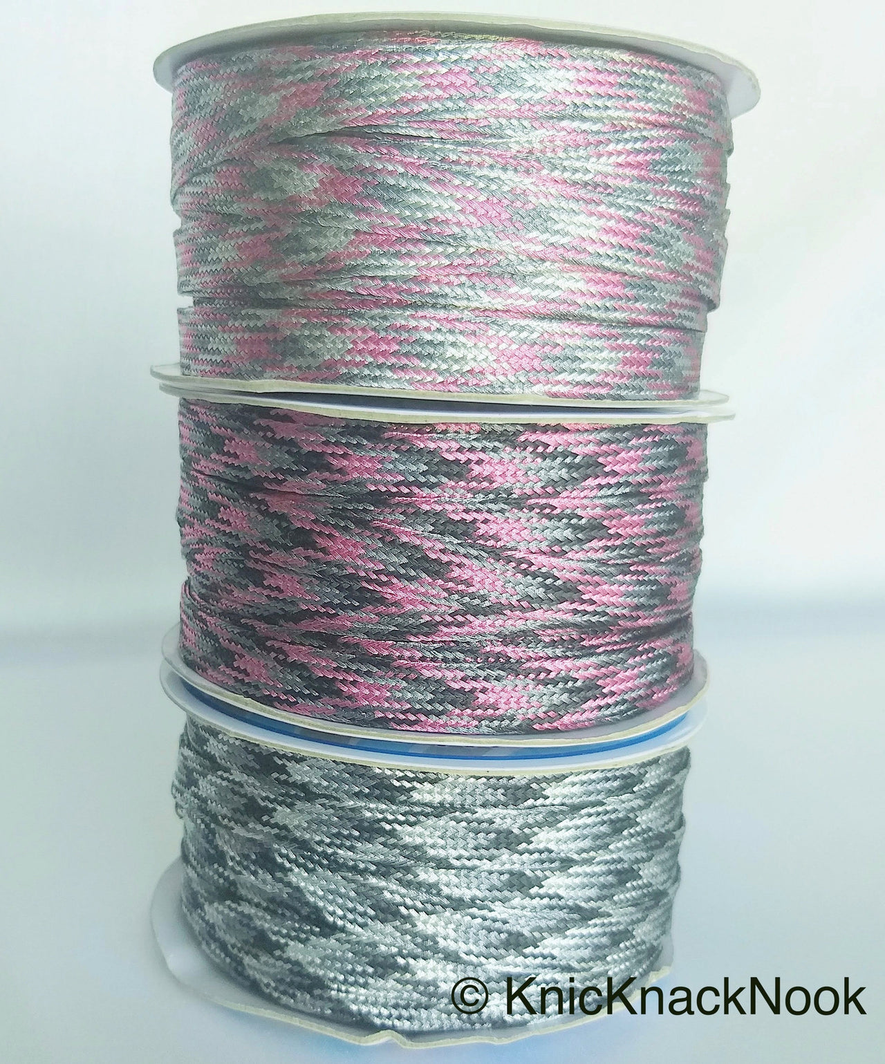 Pink / Silver / Light Pink And Grey Thread Lace Trim, Basket Weave, Friendship Bracelet