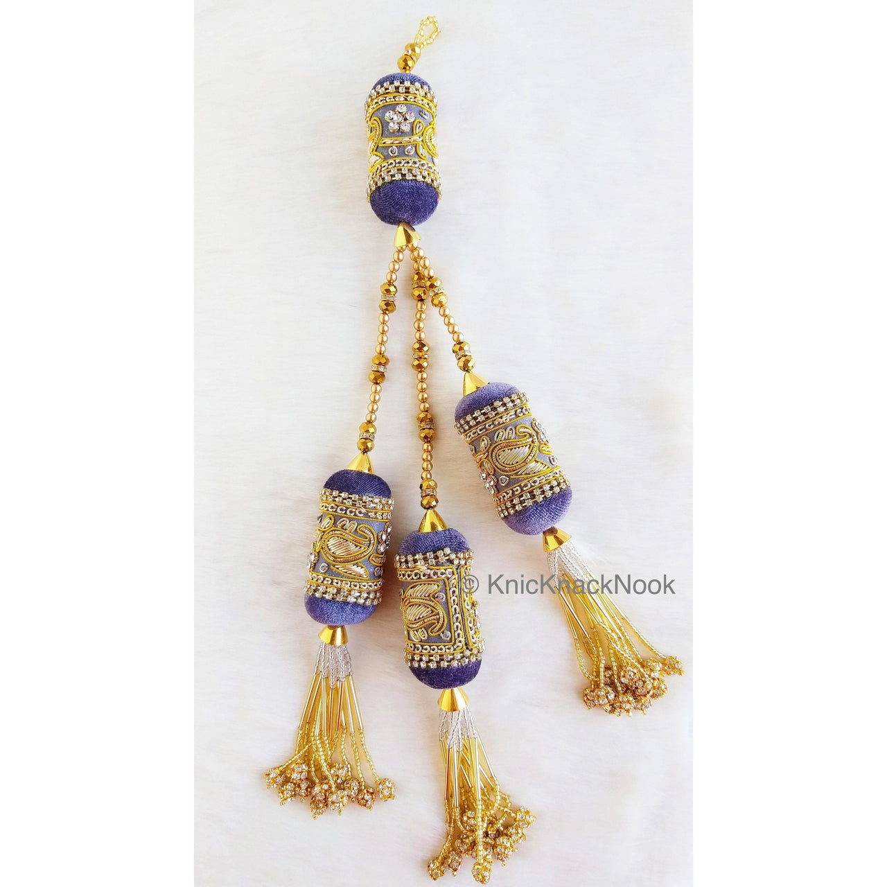 Velvet Fabric Bolster Tassels In Antique Gold Zardozi Embroidery, Rhinestones & Pearls, Indian Embellishment