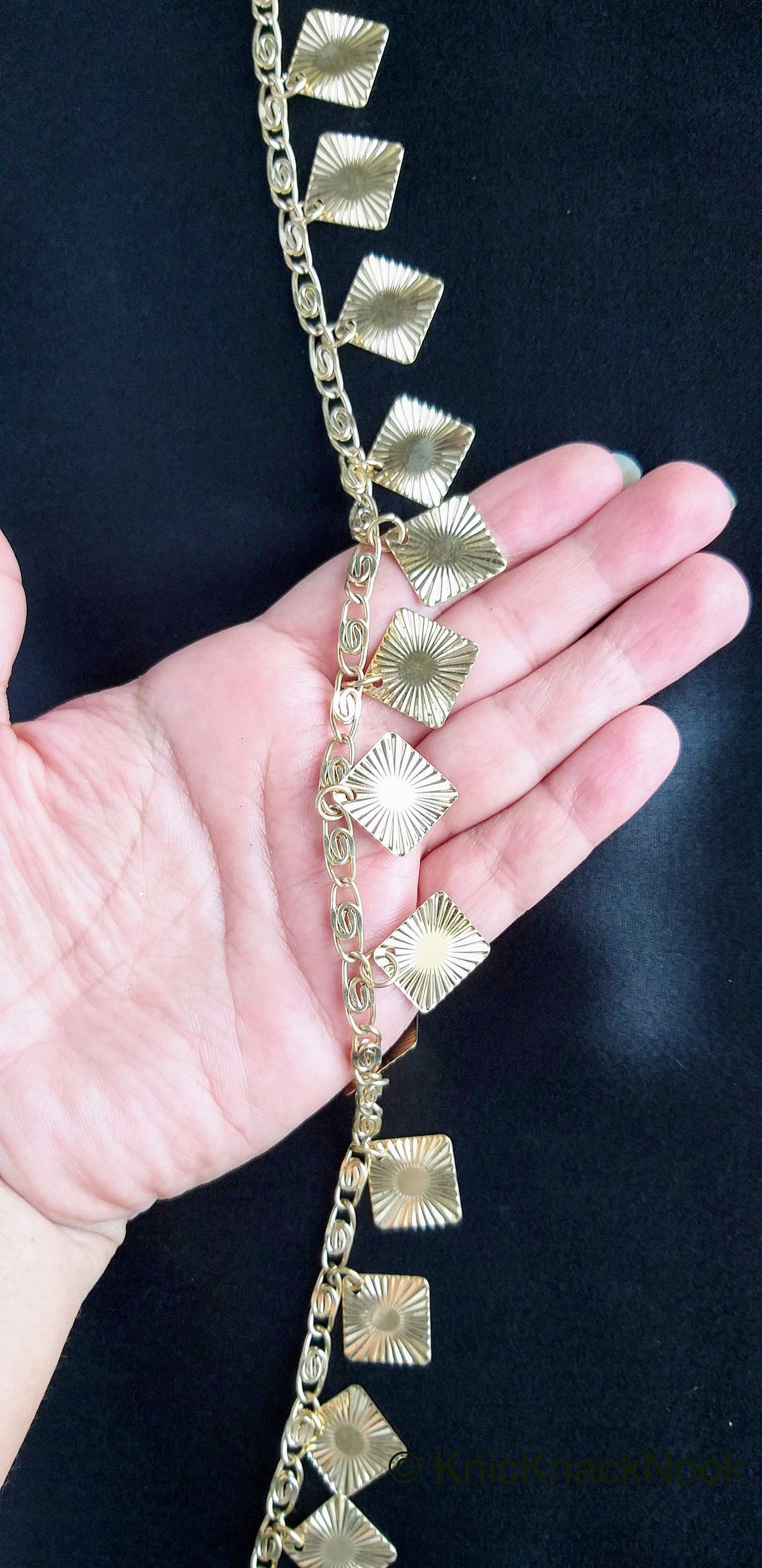 Gold Chain Metal Trim, Metallic Chain with Gold Shimmer Square Charms, Beaded Bohemian trim