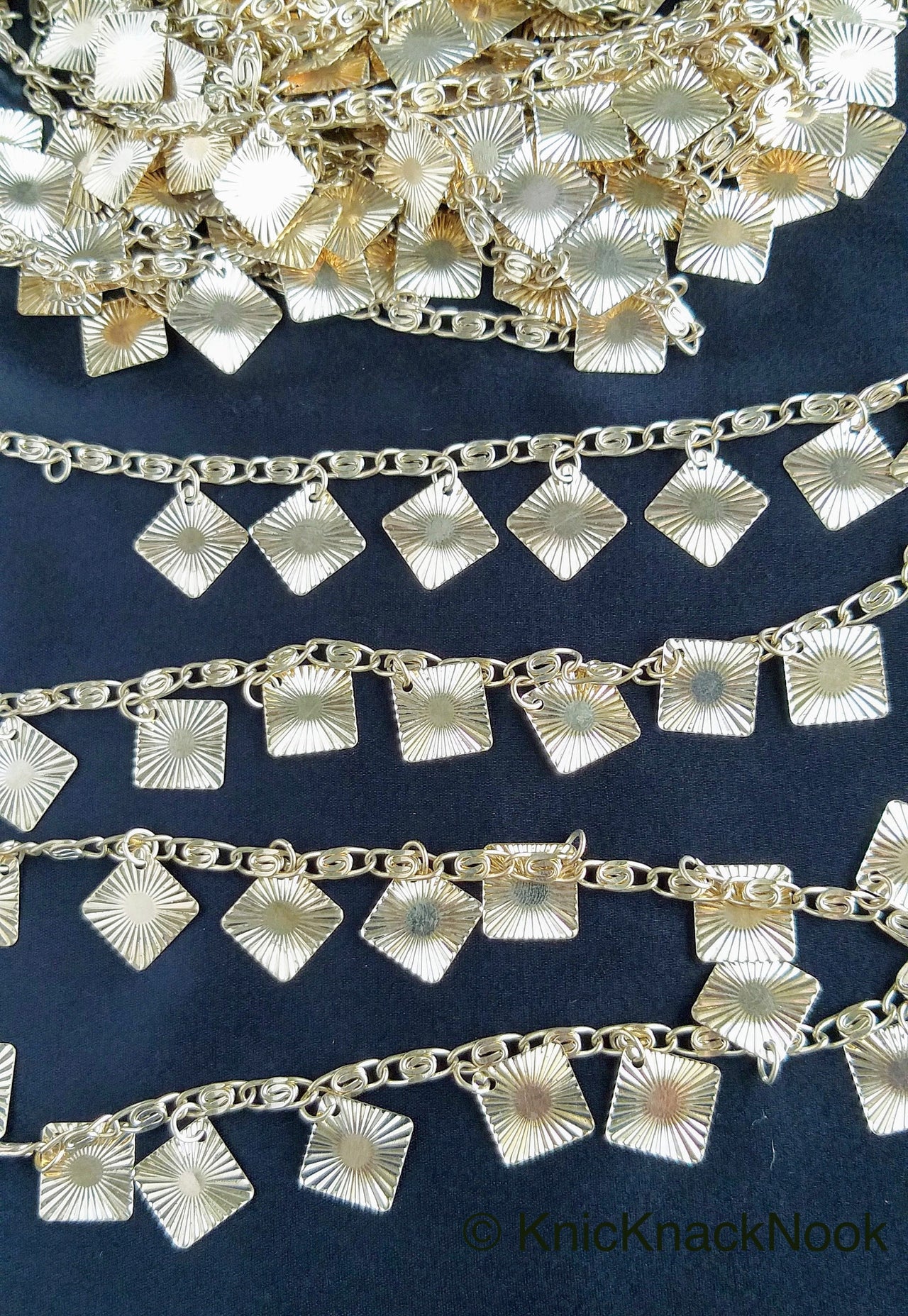 Gold Chain Metal Trim, Metallic Chain with Gold Shimmer Square Charms, Beaded Bohemian trim