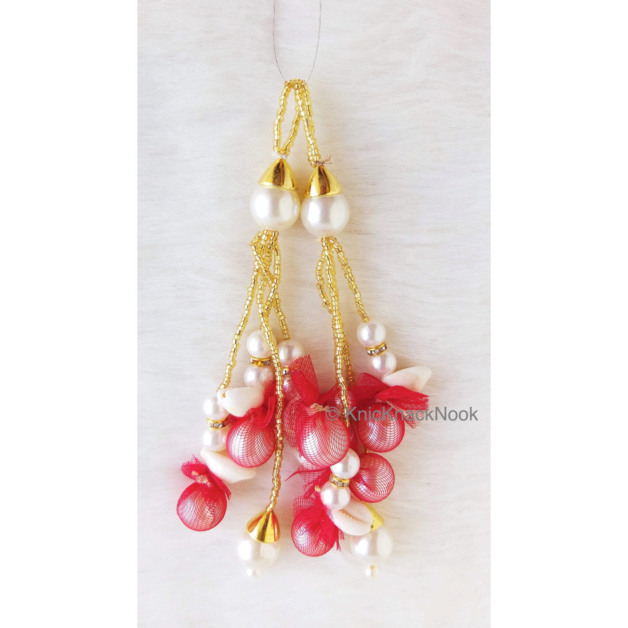 Tassels of Pearl And Cowrie Conch Shell, Pearls And Gold Beads With Net, Indian Tassels