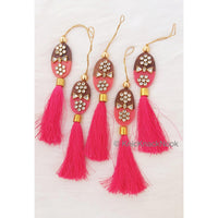 Thumbnail for Pink / Blue Tassels With Red And Brown Wood Buttons With Kundan Stones, Indian Tassels, Wedding Supplies