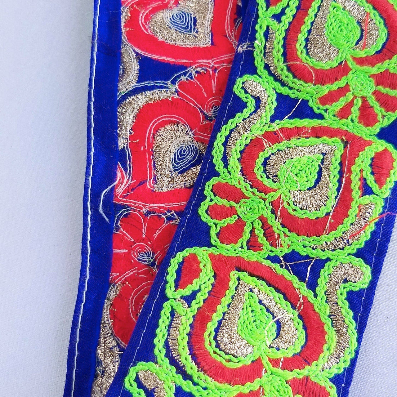 Royal Blue Art Silk Fabric Trim With Neon Green, Red & Gold Floral Embroidery, Indian