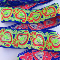 Thumbnail for Royal Blue Art Silk Fabric Trim With Neon Green, Red & Gold Floral Embroidery, Indian