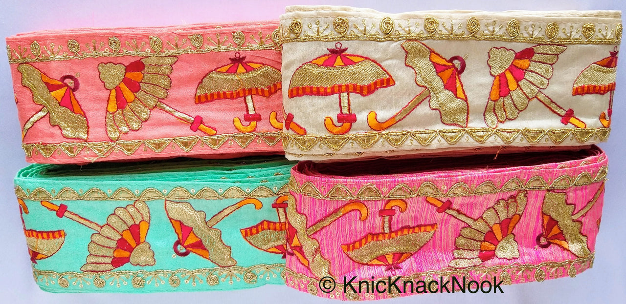Pink / Peach / Beige / Green Art Silk Fabric Trim With Orange, Red & Gold Embroidered Umbrellas And Gold Sequins, Approx. 88mm wide