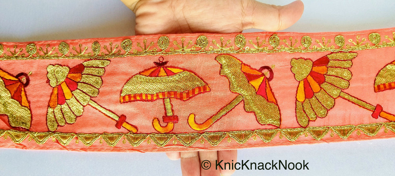 Pink / Peach / Beige / Green Art Silk Fabric Trim With Orange, Red & Gold Embroidered Umbrellas And Gold Sequins, Approx. 88mm wide