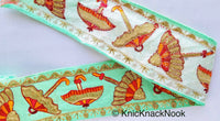 Thumbnail for Pink / Peach / Beige / Green Art Silk Fabric Trim With Orange, Red & Gold Embroidered Umbrellas And Gold Sequins, Approx. 88mm wide
