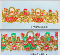 Thumbnail for Wholesale Flower Basket Cutwork Trim, Embroidered In Gold, Pink & Green