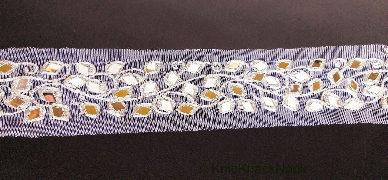 White Net Fabric Lace Trim With Silver Embroidery And Mirror Embellishments, Wedding Trims, Indian - 210119L458
