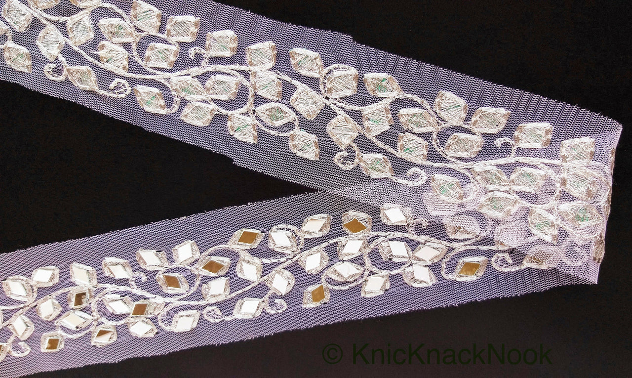White Net Fabric Lace Trim With Silver Embroidery And Mirror Embellishments, Wedding Trims, Indian - 210119L458