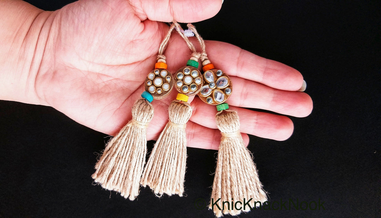 Twine Brown Tassels With Kundan Stone, Embellished Wooden Button, Tassel Charms