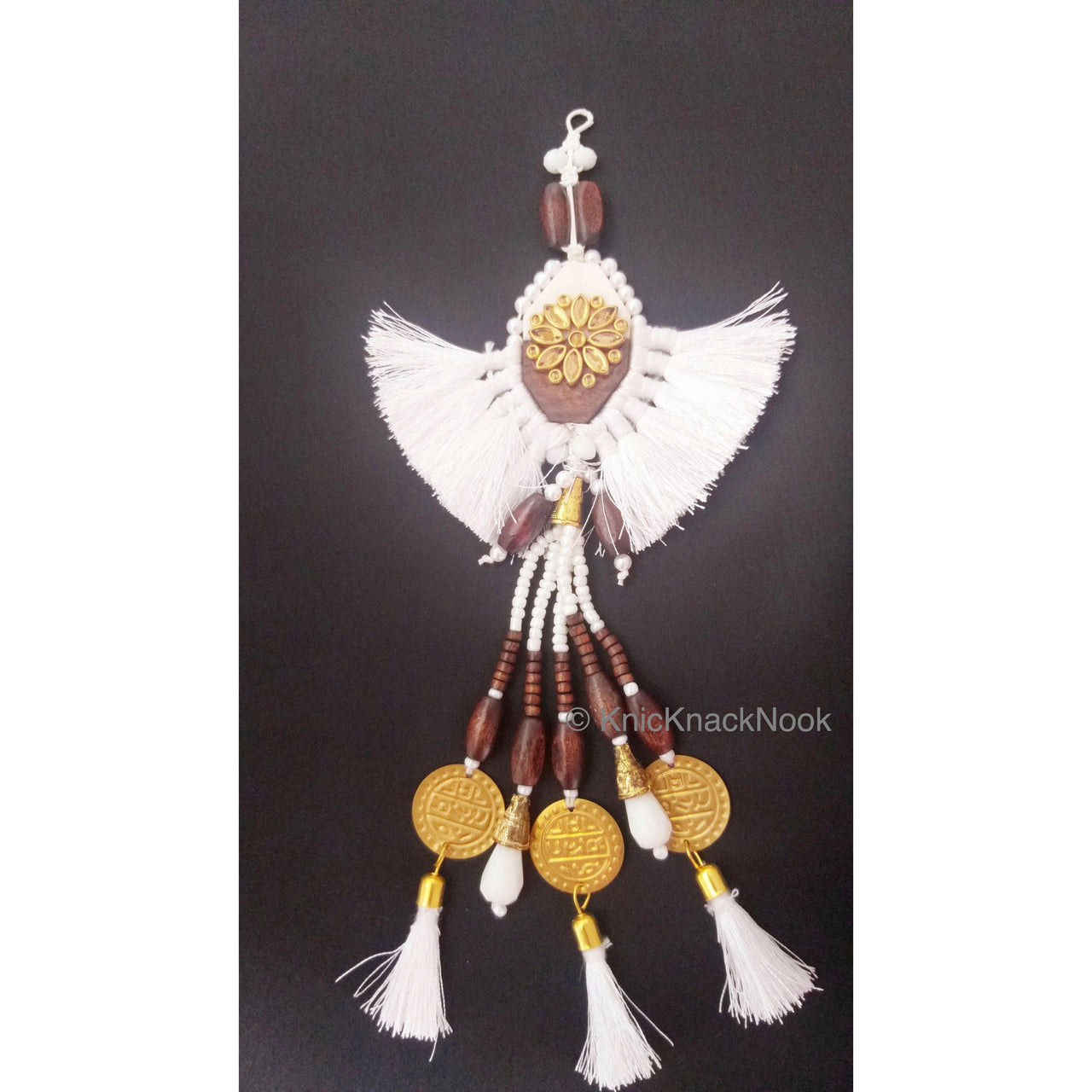 White Tassels With White Acrylic And Brown Wood Button In Kundan Stones, Wood Beads, Pearls