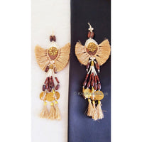 Thumbnail for Beige Tassels With White Acrylic And Brown Wood Button In Kundan Stones, Wood Beads, Pearls