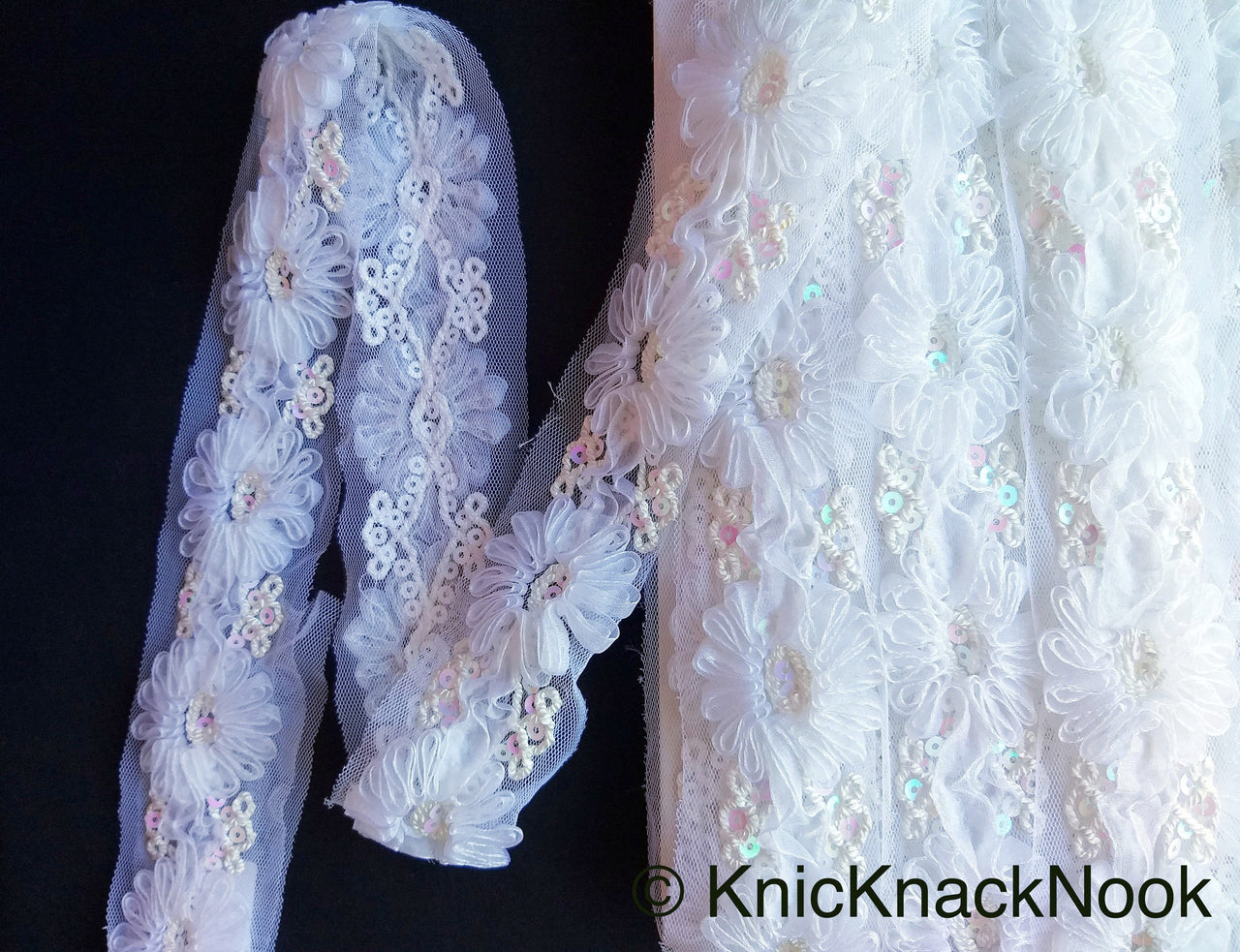 Wholesale White Flower Tissue Net Fabric Lace Trim With Sequins, Floral Trim, Wedding Supplies Trim By 9 Yards