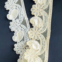 Thumbnail for Gold Sheer Fabric Trim Beige Floral Embroidery And Off White Pearl, Scallops Wedding Trim, Bridal Trim