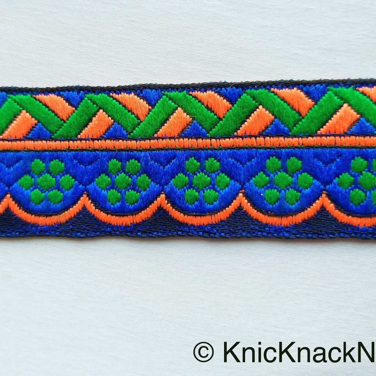 Blue, Green And Orange Trim With Floral Embroidery, Approx. 32mm Wide - 210119L59