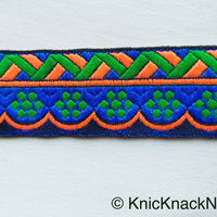 Thumbnail for Blue, Green And Orange Trim With Floral Embroidery, Approx. 32mm Wide - 210119L59