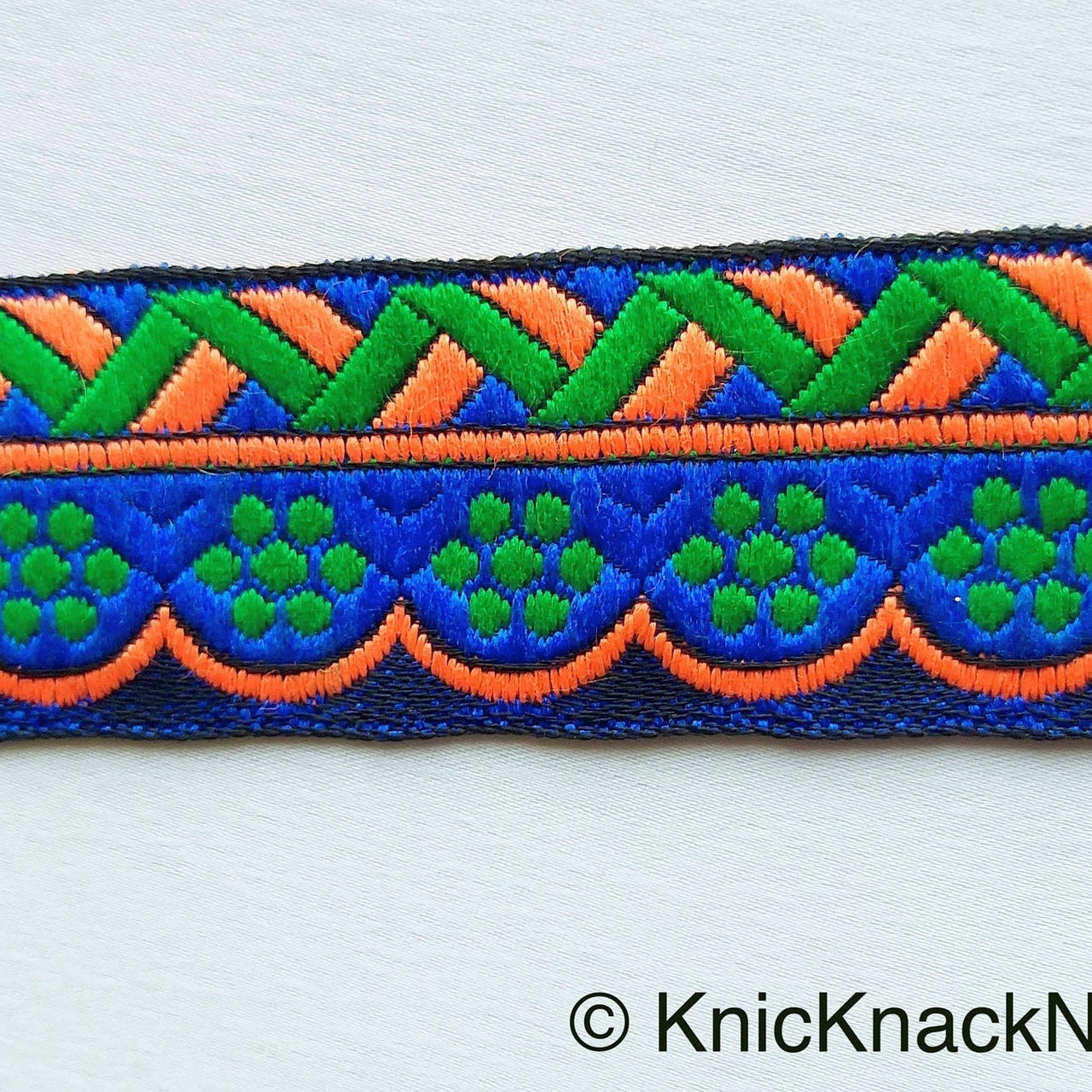 Blue, Green And Orange Trim With Floral Embroidery, Approx. 32mm Wide - 210119L59
