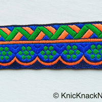Thumbnail for Blue, Green And Orange Trim With Floral Embroidery, Approx. 32mm Wide - 210119L59