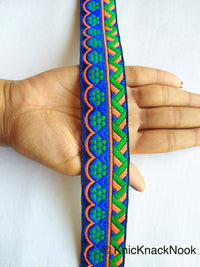 Thumbnail for Blue, Green And Orange Trim With Floral Embroidery, Approx. 32mm Wide - 210119L59