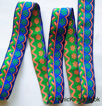 Thumbnail for Blue, Green And Orange Trim With Floral Embroidery, Approx. 32mm Wide - 210119L59