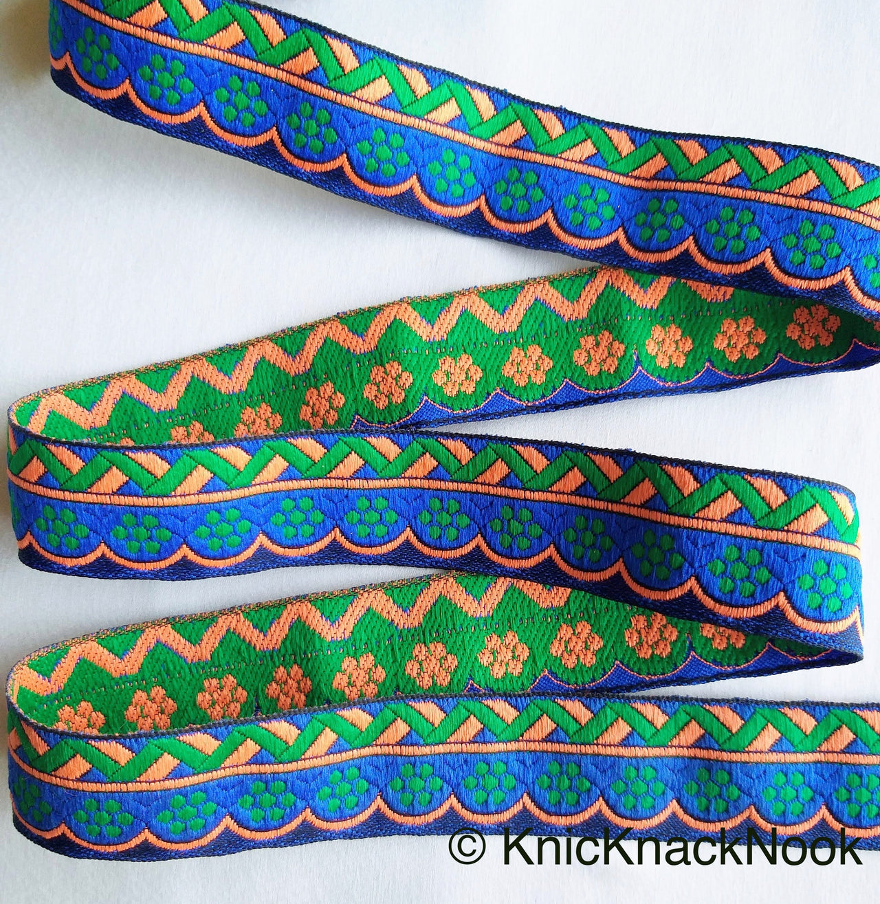 Blue, Green And Orange Trim With Floral Embroidery, Approx. 32mm Wide - 210119L59