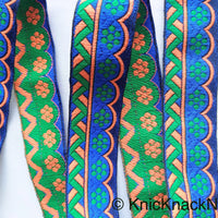 Thumbnail for Blue, Green And Orange Trim With Floral Embroidery, Approx. 32mm Wide - 210119L59