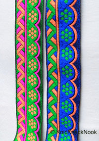 Thumbnail for Blue, Green And Orange Trim With Floral Embroidery, Approx. 32mm Wide - 210119L59