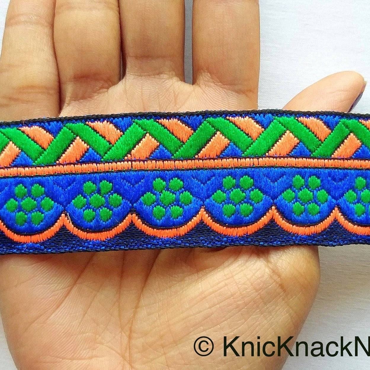 Blue, Green And Orange Trim With Floral Embroidery, Approx. 32mm Wide - 210119L59