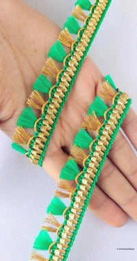 Thumbnail for Beige / Green / Fuchsia Pink And Gold Tassels Trim Lace, Fringe Trim, Bohemian Trim