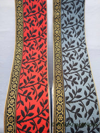Thumbnail for Grey / Red, Black And Gold Embroidered FloralTrim With Leaves, Approx. 56mm wide - 210119L37/38