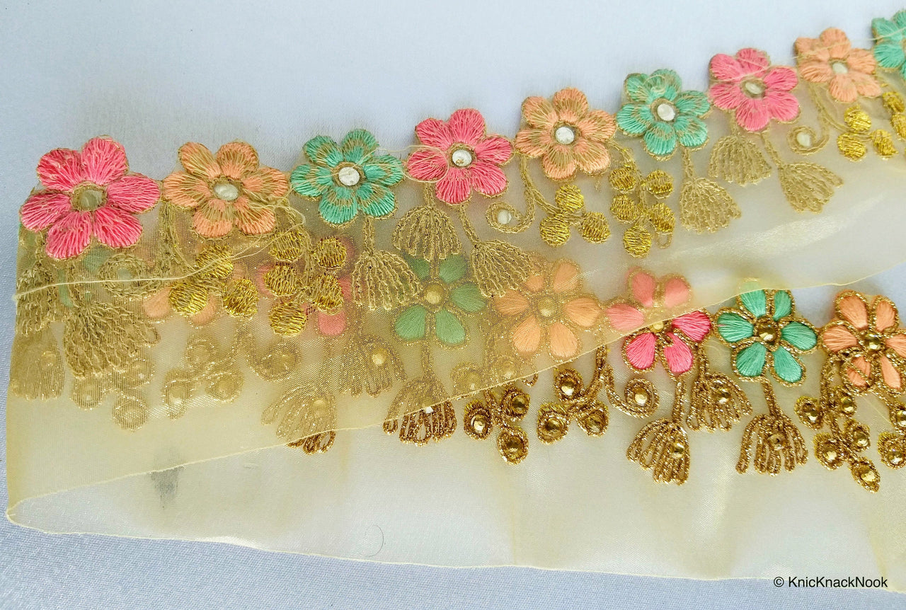 Gold Sheer Tissue Fabric Trim With Embroidered Pastel Pink, Green & Gold Flowers, Embellished With Beads