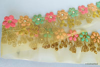 Thumbnail for Gold Sheer Tissue Fabric Trim With Embroidered Pastel Pink, Green & Gold Flowers, Embellished With Beads