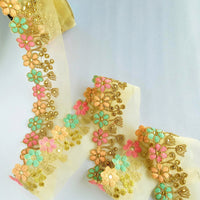 Thumbnail for Gold Sheer Tissue Fabric Trim With Embroidered Pastel Pink, Green & Gold Flowers, Embellished With Beads