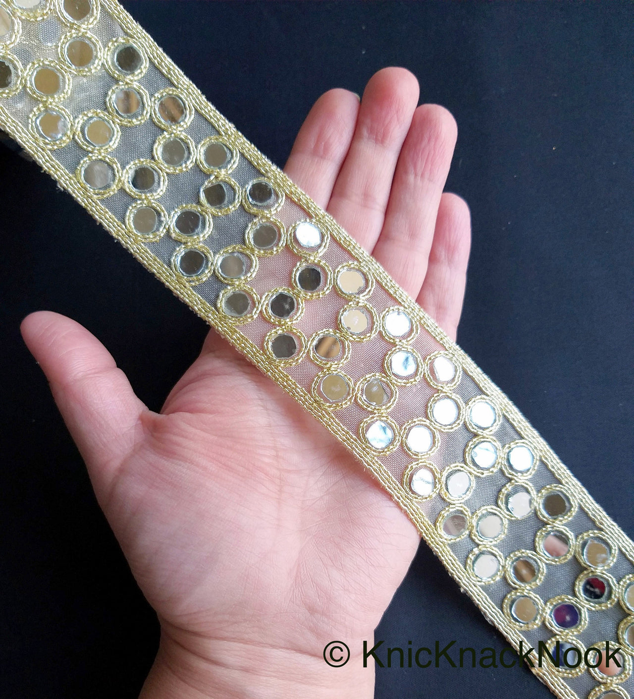 Gold Sheer Fabric Lace Trim With Gold Embroidery And Mirror Embellishments, Wedding Trims, Indian - 210119L16