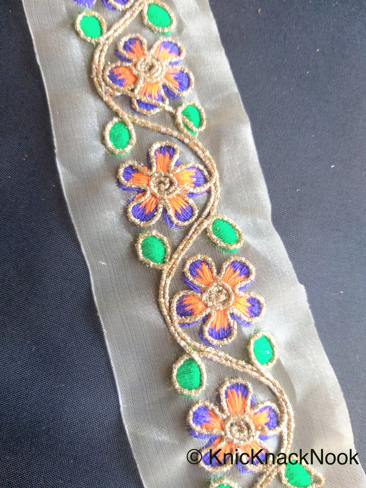 Wholesale Gold Sheer Tissue Fabric Trim With Hand Embroidered Blue, Orange, Green & Gold Flowers