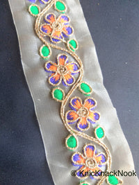Thumbnail for Wholesale Gold Sheer Tissue Fabric Trim With Hand Embroidered Blue, Orange, Green & Gold Flowers