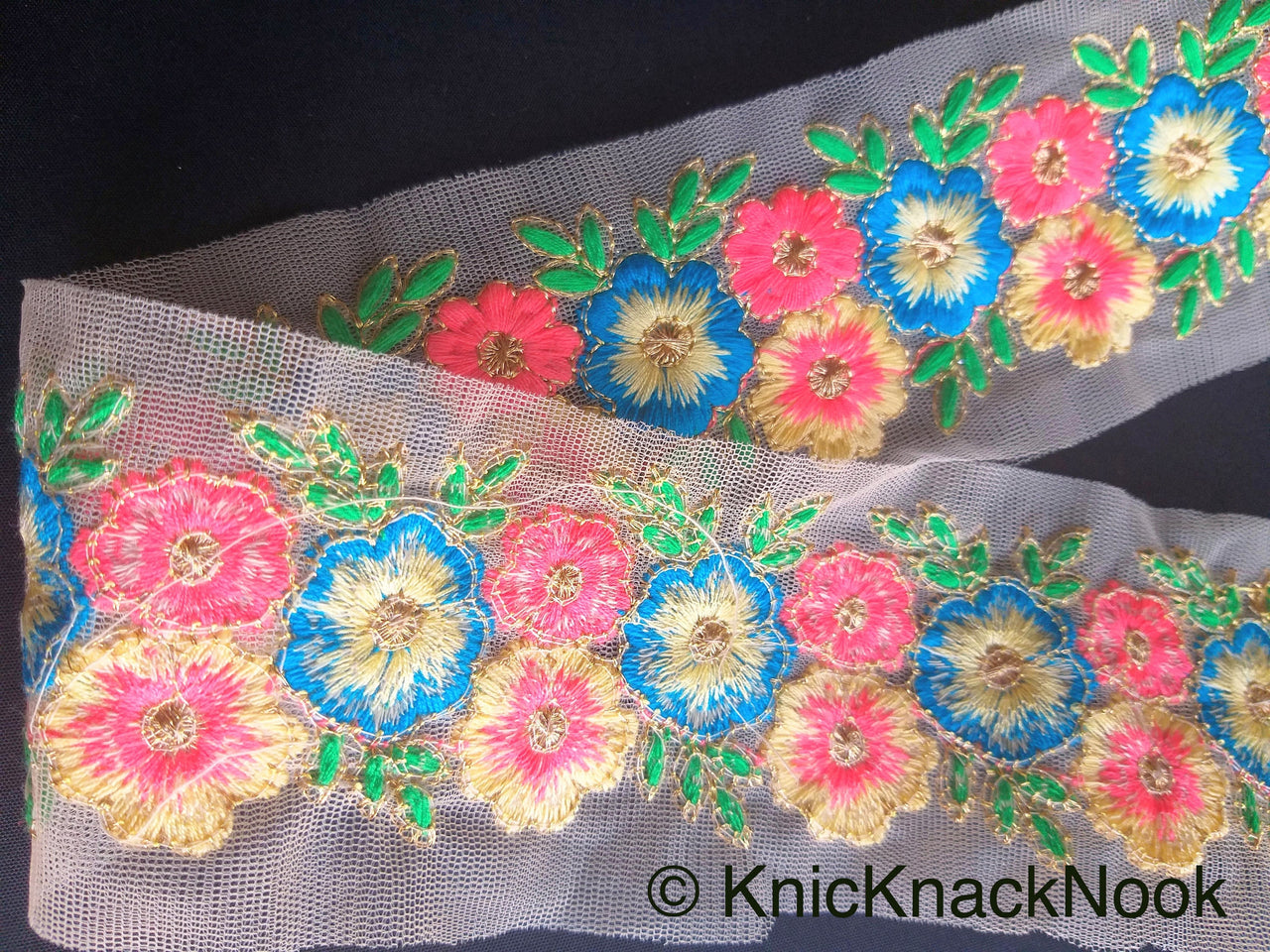 Beige Net Lace Trim In Blue, Coral, Green