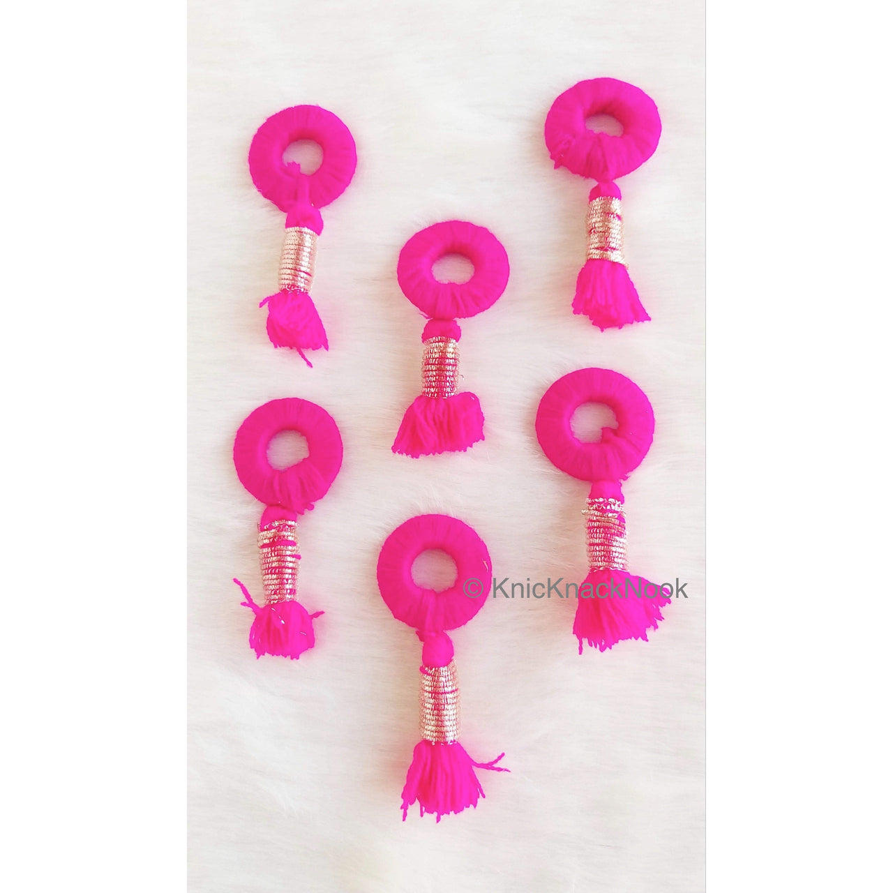 Fuchsia Pink / Brown Threaded Ring Tassels, Zardosi Dangle Tassel, Indian Latkans